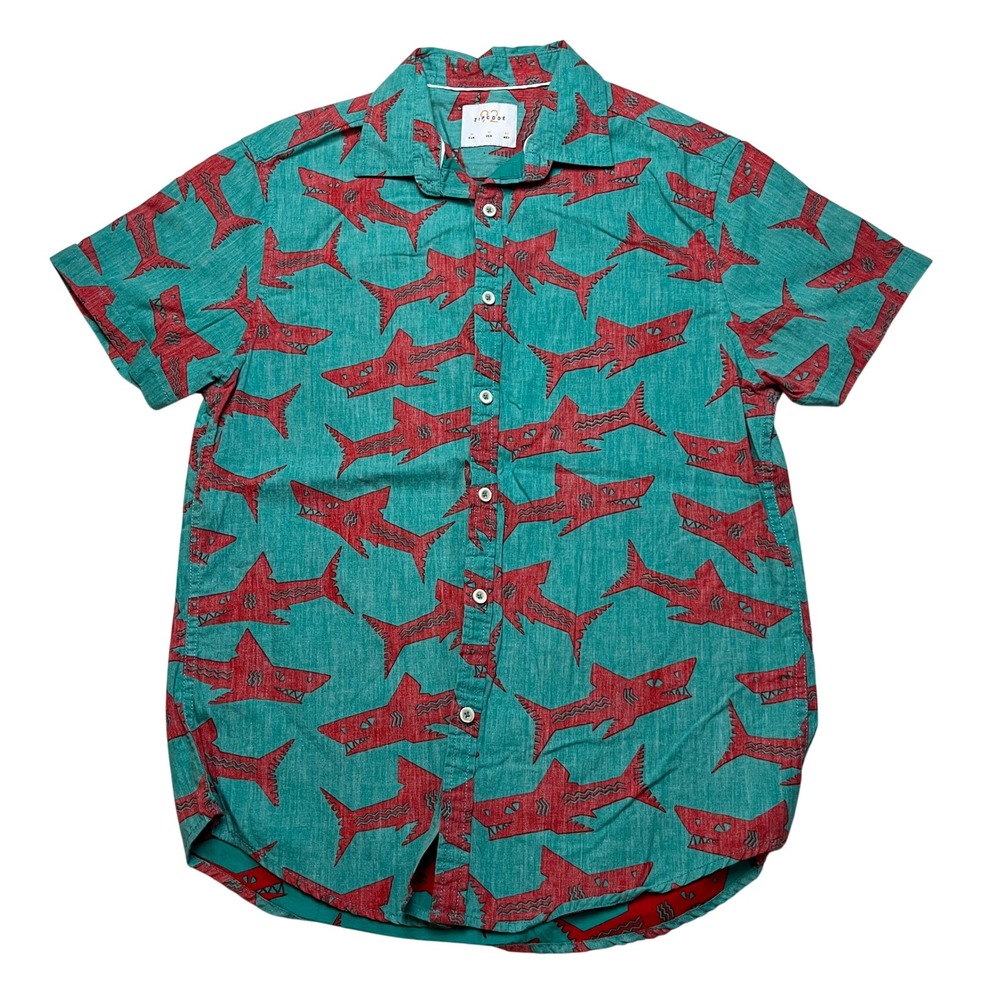 Zip Code Shark Print Shirt Mens Medium Teal Red Short Sleeve Button Down Cotton